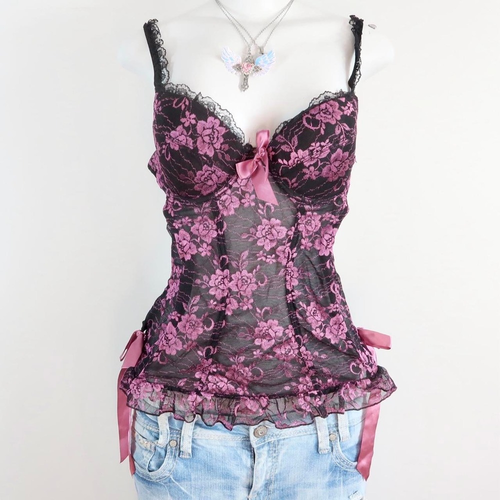 black purple lace corset cami top y2k fairy grunge m